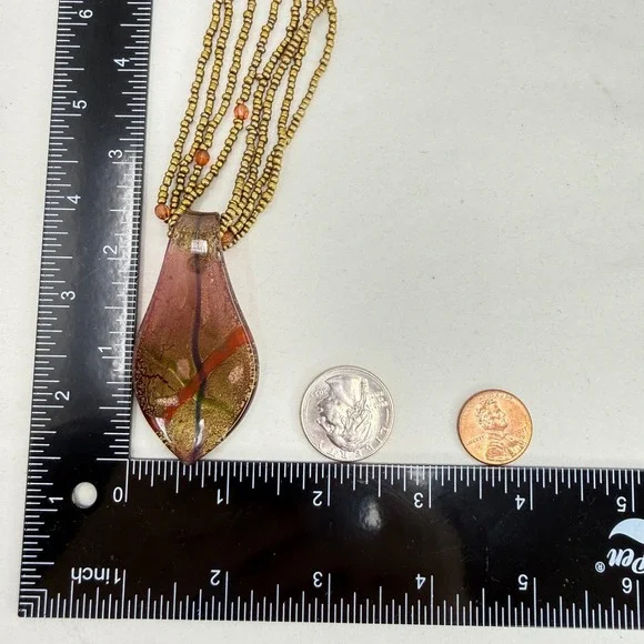 Dichroic Glass Teardrop Pendant Necklace Multi Strand Bronze Seed Beads - Picture 7 of 10